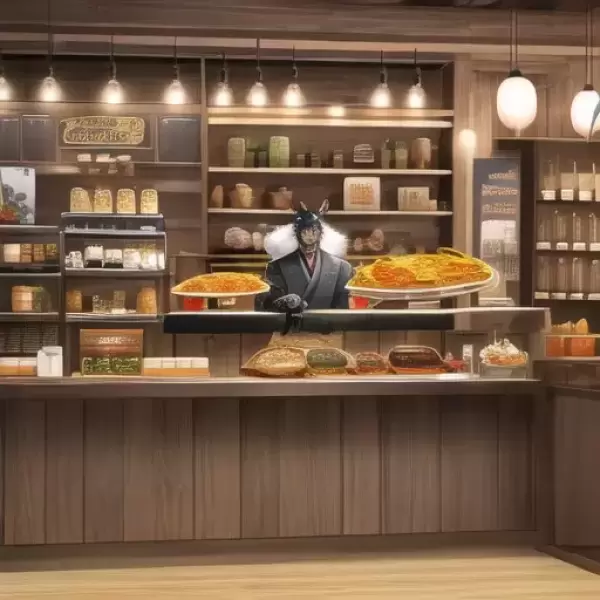 サイバーシティのカレー屋でカレーを食べる狼獣人の侍