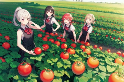 トマト畑で