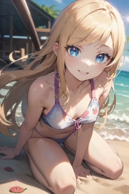 ビーチで佇む金色の髪の少女