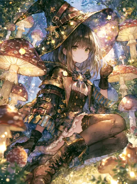 星降るキノコの森で光る魔女。
