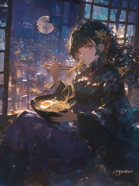 月夜と月見そばを食べるサイボーグ娘