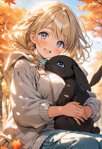 Nancy hugged a fluffy black rabbit in the park