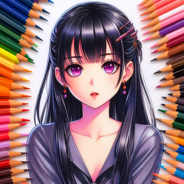 色鉛筆画な、黒髪ロング少女★(11枚)