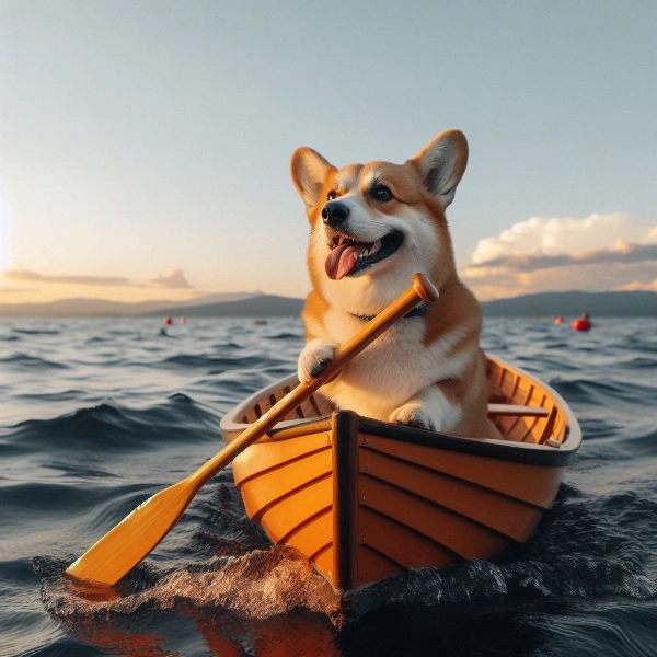 ボートを漕ぎコーギー