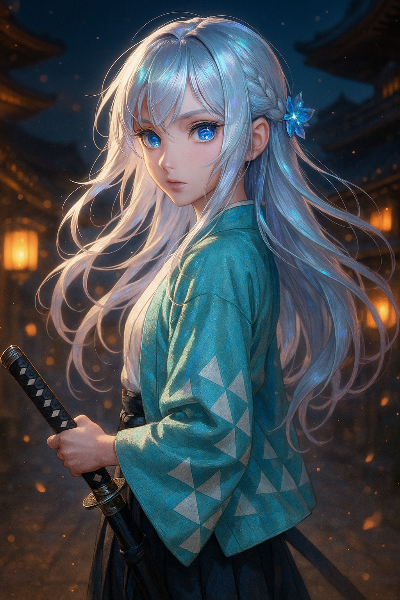 月夜の寺院に佇む青き剣士