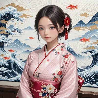 波と雪山に立つ着物少女