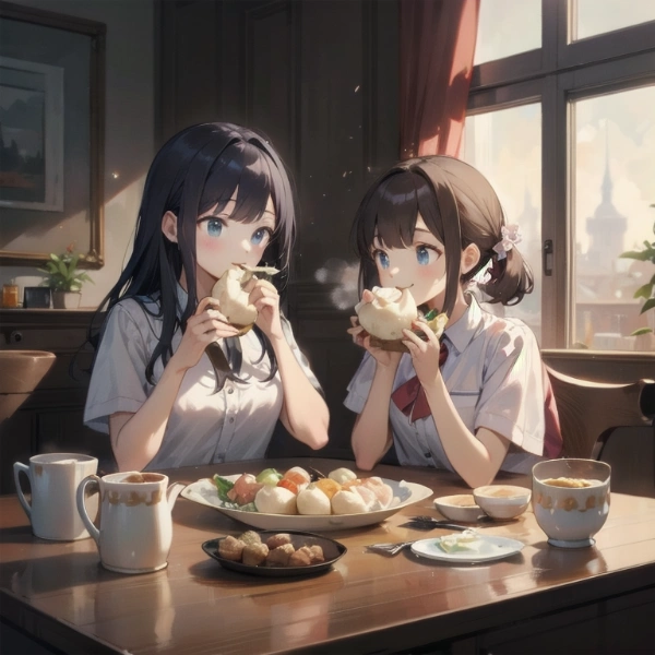 肉まん（らしきもの）を食べる少女達