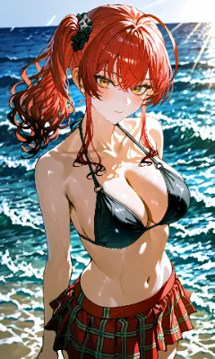 赤髪サイドテール　黒ビキニ