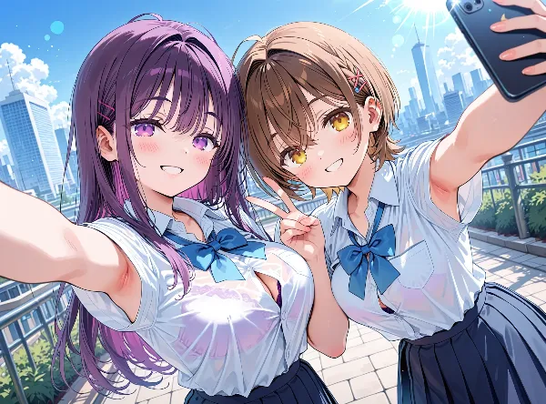 街の空の下で自撮りする二人