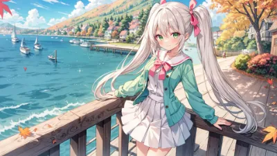 紅葉の湖畔で微笑む、銀髪の少女