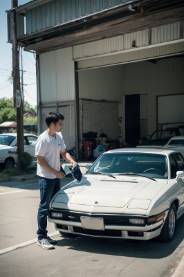 自分の趣味車を洗車する親父。