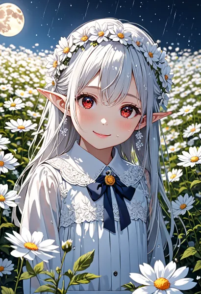 月夜の雨に咲く白きエルフの微笑み