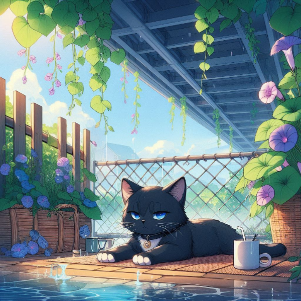 高架下でやすむ黒猫　アニメのイラスト