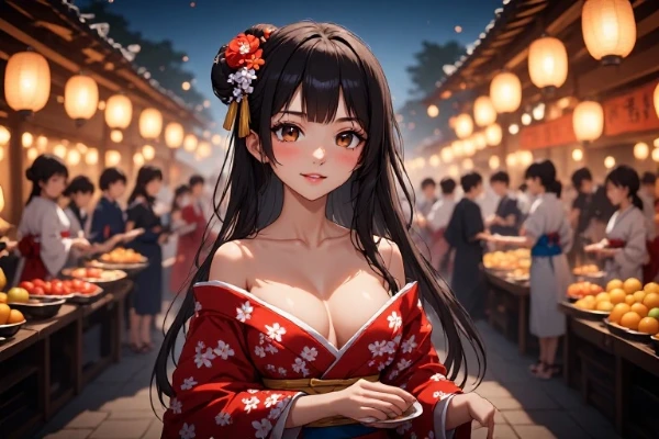 提灯の灯る夜市で微笑む赤い着物
