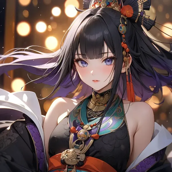 夜の幻想に輝く黒髪美女