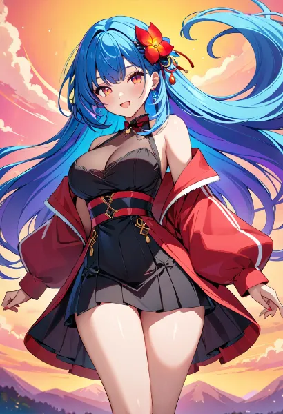 夕陽に輝く青髪の冒険者