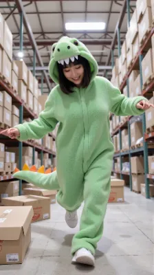 恐竜の着ぐるみも見つけて試着w　こんな可愛い着ぐるみなら、子供にもウケるかなw