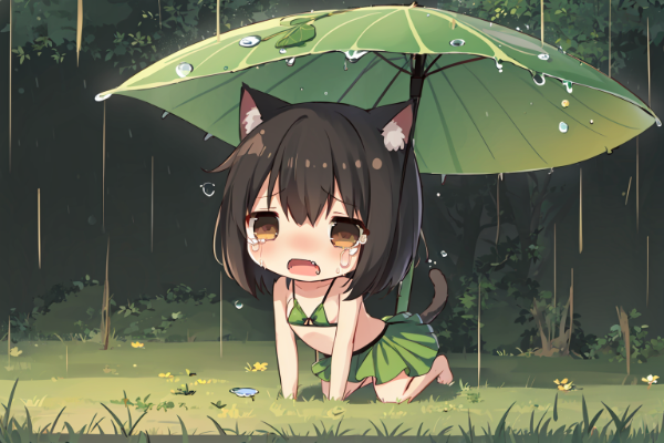 大雨で全身葉っぱコーデニャ～(TOT)