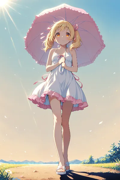 夏の陽射しとピンクの日傘