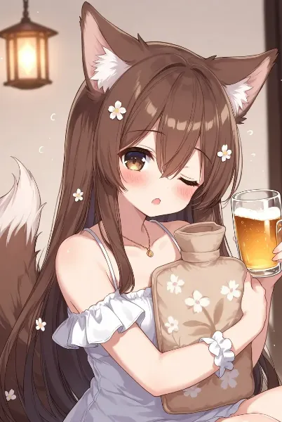 湯たんぽを抱えてビールを飲む心臓や胃に悪そう系狐耳女子