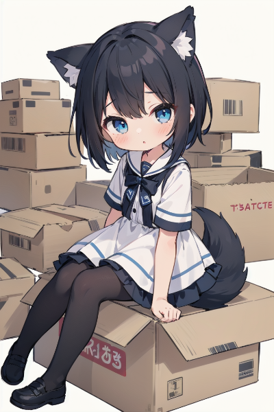 段ボール箱に座るおおかみ娘