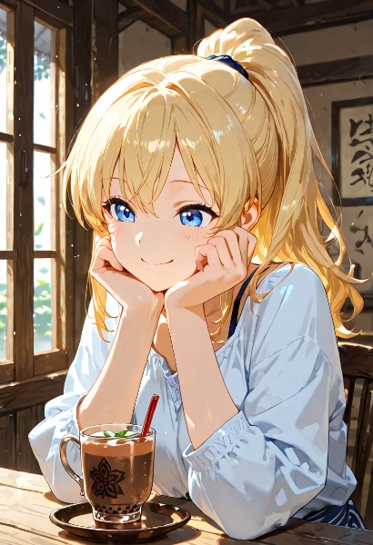 陽だまりのカフェで待つ少女