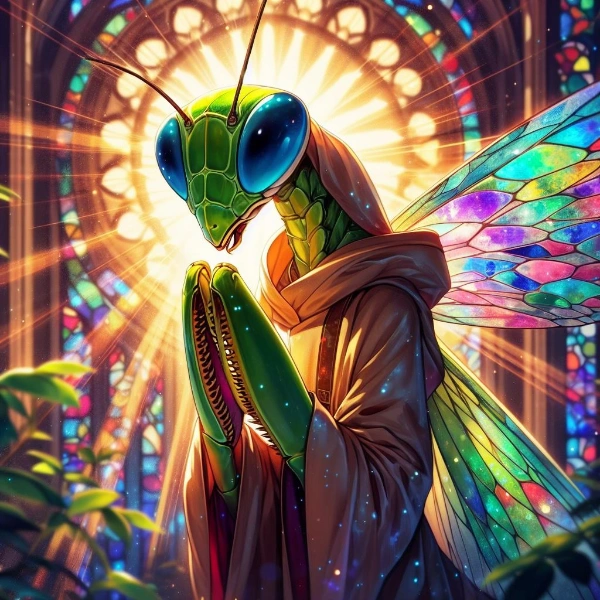 a praying mantis praying in a church