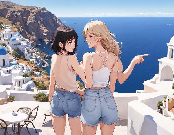 黒髪＆ブロンド・サントリーニ島での休日