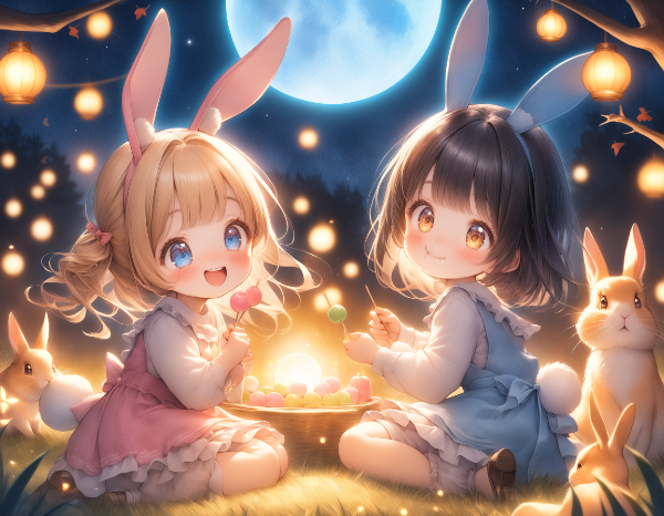 黒髪＆ブロンド・ウサギさんと一緒にお月見をした