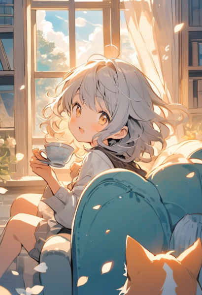 ターコイズ色のソファーベッドと午後のティータイム