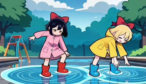 水たまりでわーい