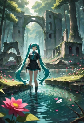 森の廃墟と少女