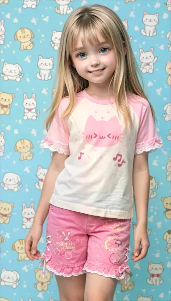 ねこTシャツと刺しゅう入りハーフパンツのコーデ