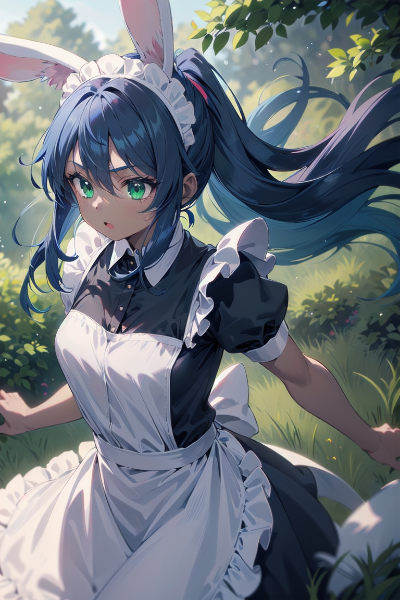 ウサギ役で走らされる青ポニテメイドちゃん