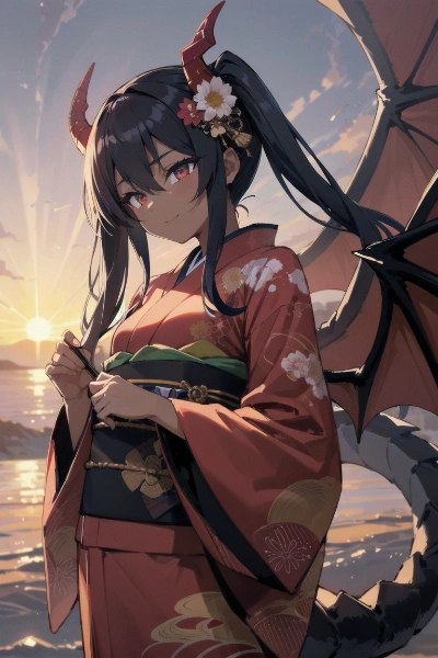 謹賀新年、初日の出　晴れ着姿のちっちゃな魔龍皇陛下　　〜残念王女記番外編AIピクターズ出張版