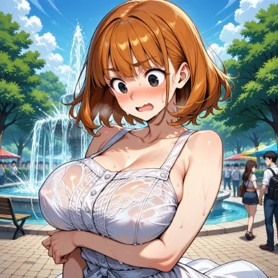 噴水でびしょ濡れの美女