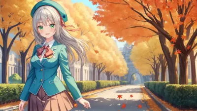 紅葉の並木で微笑む銀髪の少女