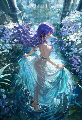 水辺の神殿と水の羽衣を着ているムーンブルクの王女
