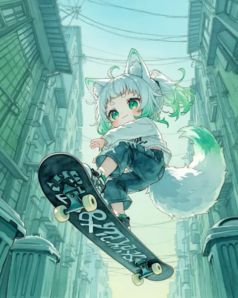 街路を駆け抜ける狐少女の自由飛行