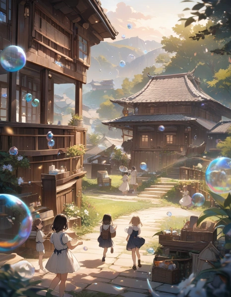 シャボン玉と子供たちの風景