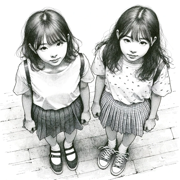 A sketch of two young Japanese sisters