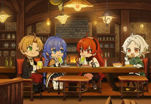 飲み食いをするちびキャラの無職転生4人