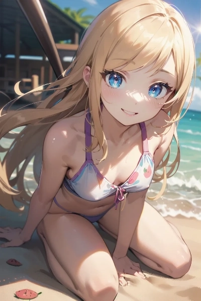 ビーチで佇む金色の髪の少女