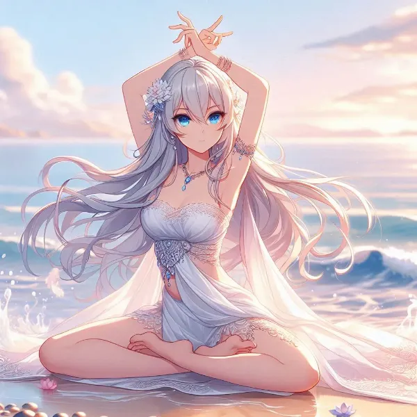 夕暮れの海辺で舞う銀髪の精霊