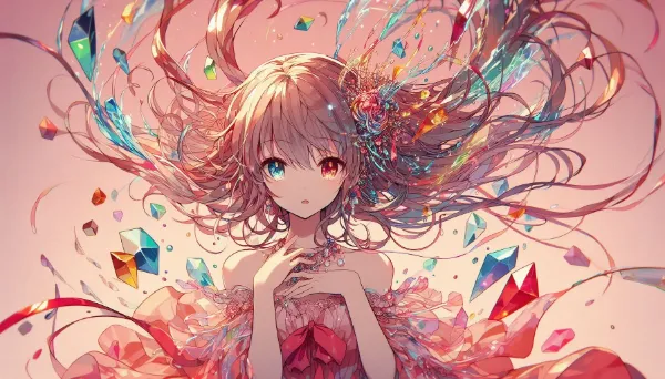 舞い上がる髪の少女と幻の宝石舞踏