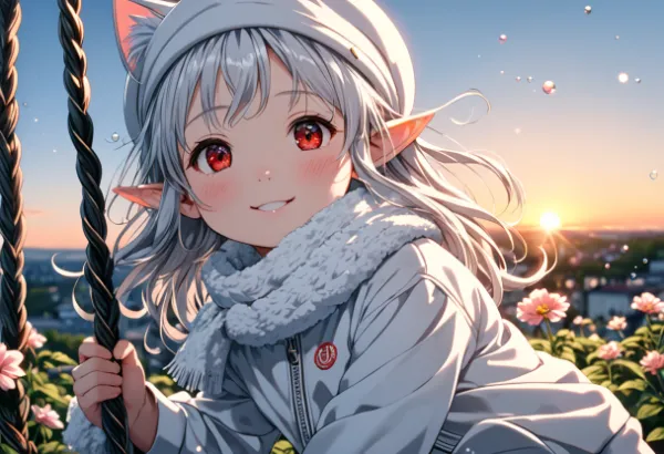 夕焼けブランコのエルフ少女の微笑み