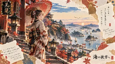 紅葉の参道で海の彼方を望む