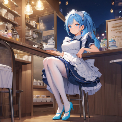 夜の青髪ウエイトレスさん