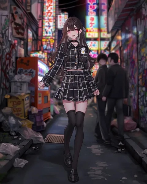 夜の路地を歩く少女