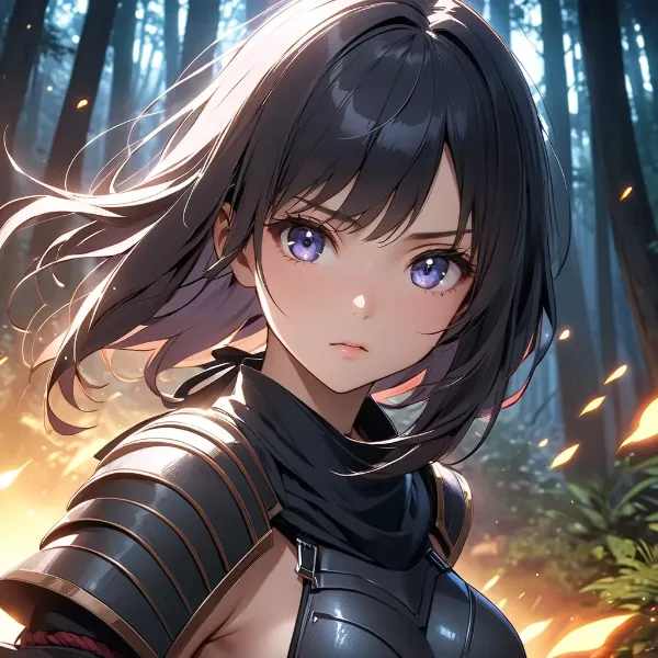 炎の森に立つ鎧少女